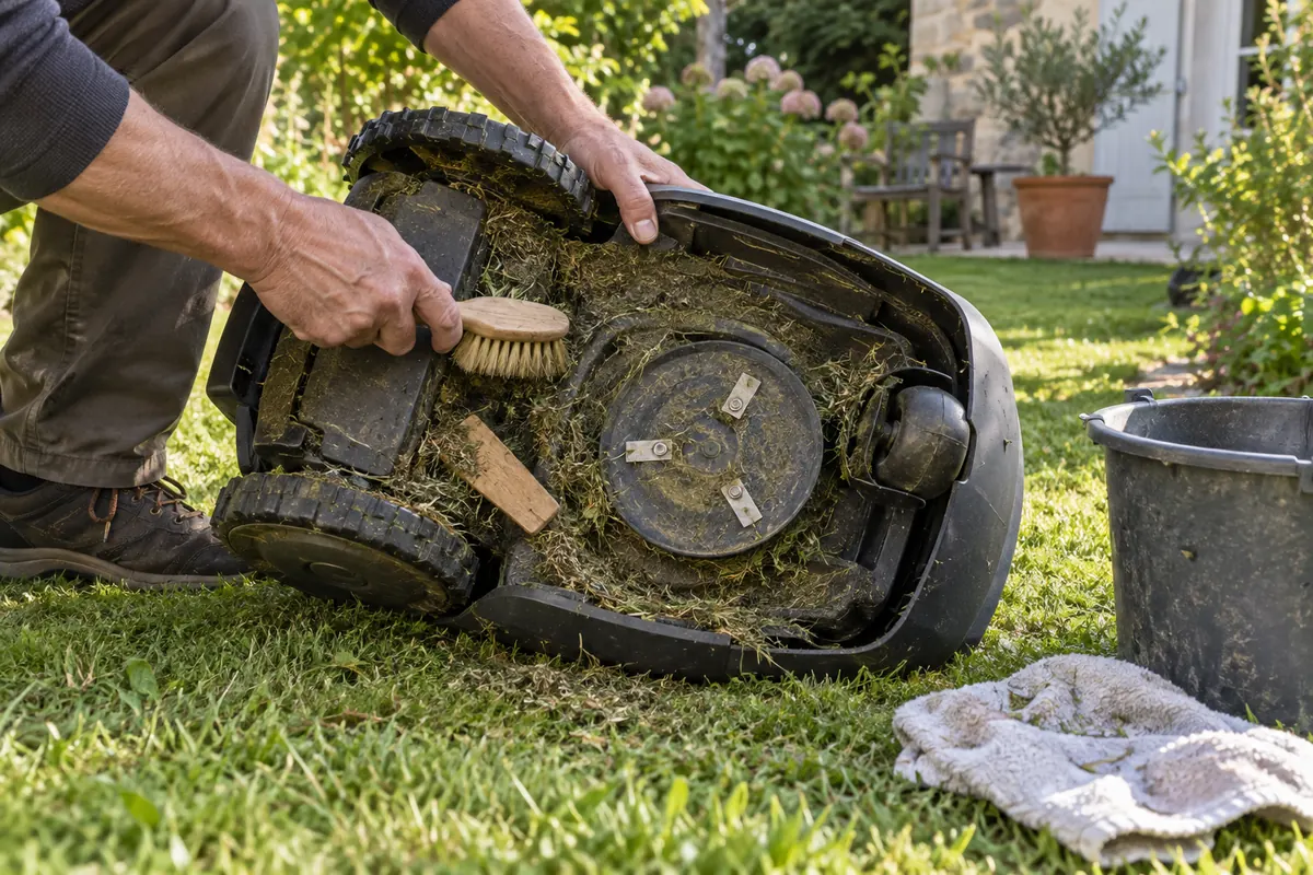 Mains brossant l’herbe séchée sous un robot tondeuse posé sur le flanc, avec un seau et un chiffon (illustration)