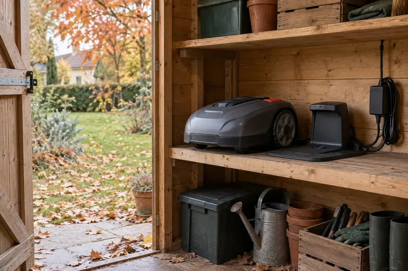 Robot tondeuse propre rangé sur une étagère d’abri de jardin en automne, avec sa station de charge (illustration)