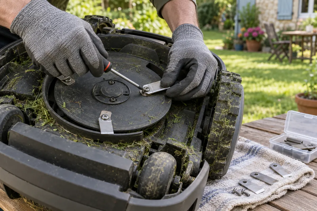 Mains gantées changeant une petite lame pivotante sur le disque de coupe d’un robot tondeuse retourné (illustration)