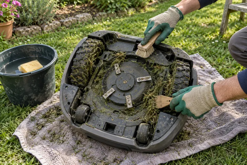 Mains gantées nettoyant à la brosse les roues et le disque de coupe d’un robot tondeuse retourné sur une serviette (illustration)
