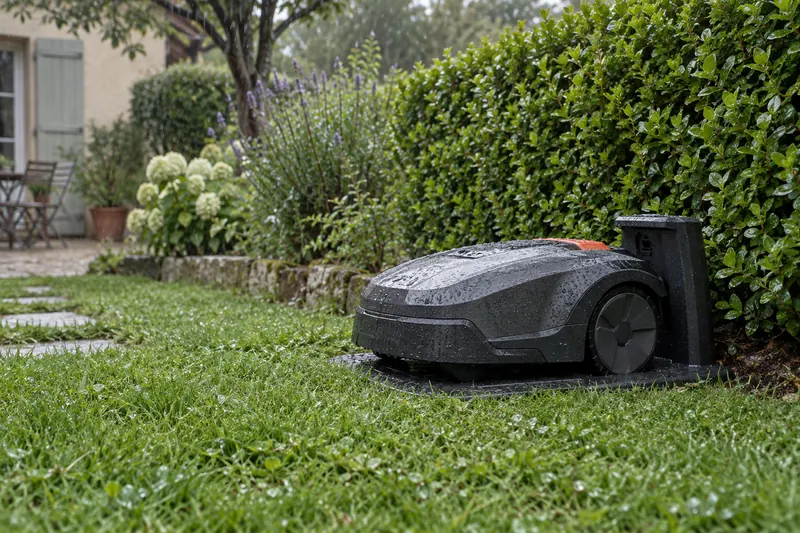 Robot tondeuse sur sa station de charge sous une pluie d’été, gouttes sur le capot (illustration)