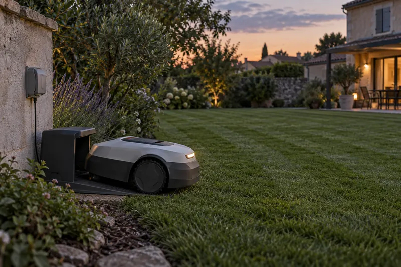Robot tondeuse rejoignant sa station de charge au bord d’une pelouse, à la tombée du jour (illustration)