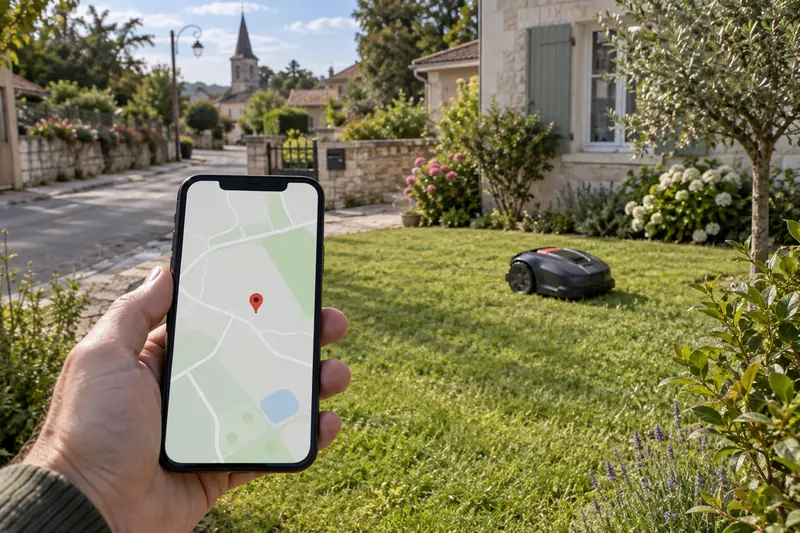 Main tenant un téléphone affichant une carte avec un repère, robot tondeuse dans un jardin près de la rue (illustration)