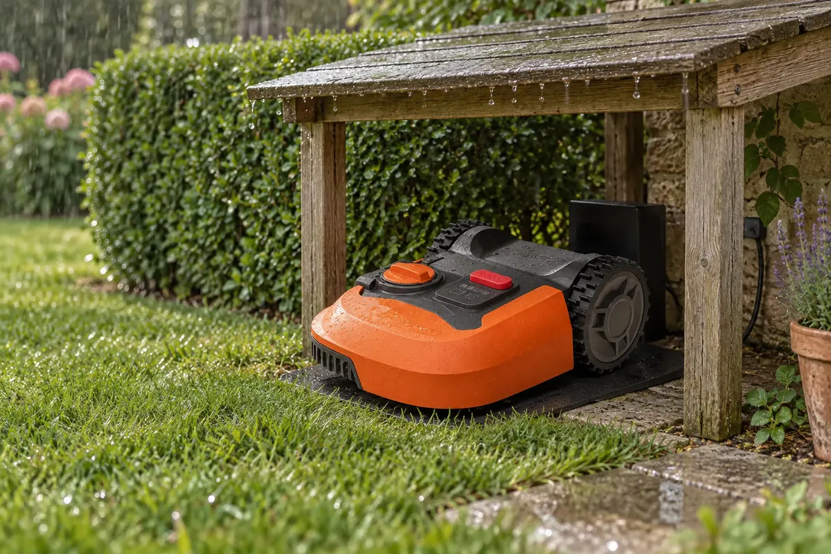 Robot tondeuse orange rangé sous un petit abri en bois au bord de la pelouse, sous une pluie fine (illustration)