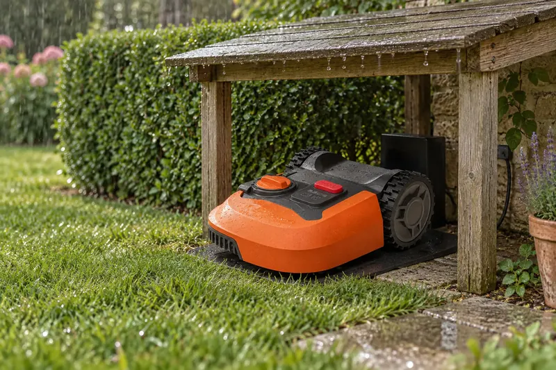 Robot tondeuse orange rangé sous un petit abri en bois au bord de la pelouse, sous une pluie fine (illustration)