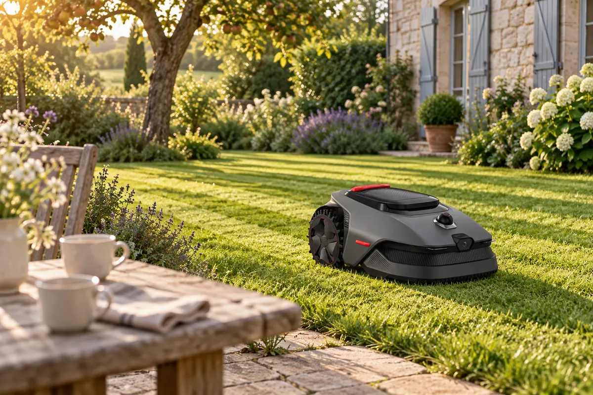Un robot tondeuse sur une pelouse rayée, près d’une terrasse, en fin de journée (illustration)