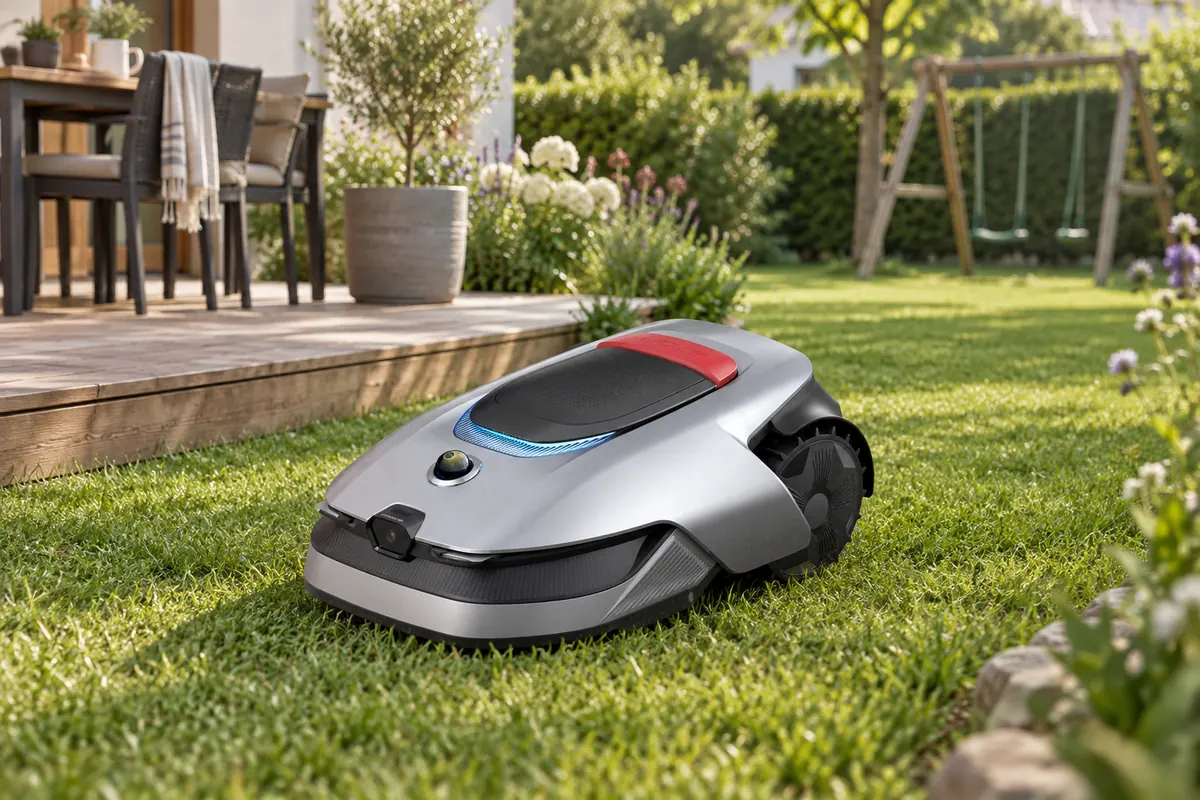 Robot tondeuse dans un jardin familial près d’une terrasse en bois, une balançoire au fond (illustration)