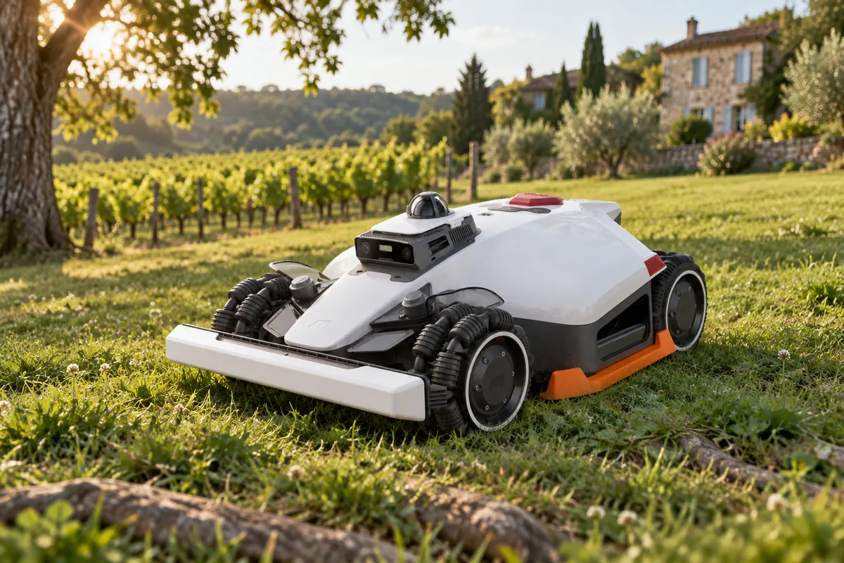 Grand robot tondeuse à quatre roues sur une pelouse bosselée en bordure de vignes (illustration)