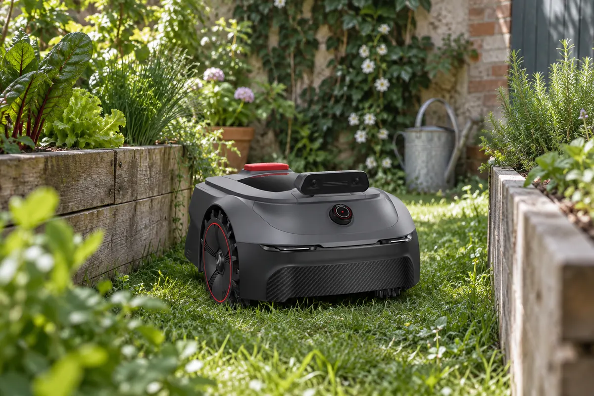 Petit robot tondeuse passant entre deux carrés potagers dans un petit jardin de ville ombragé (illustration)