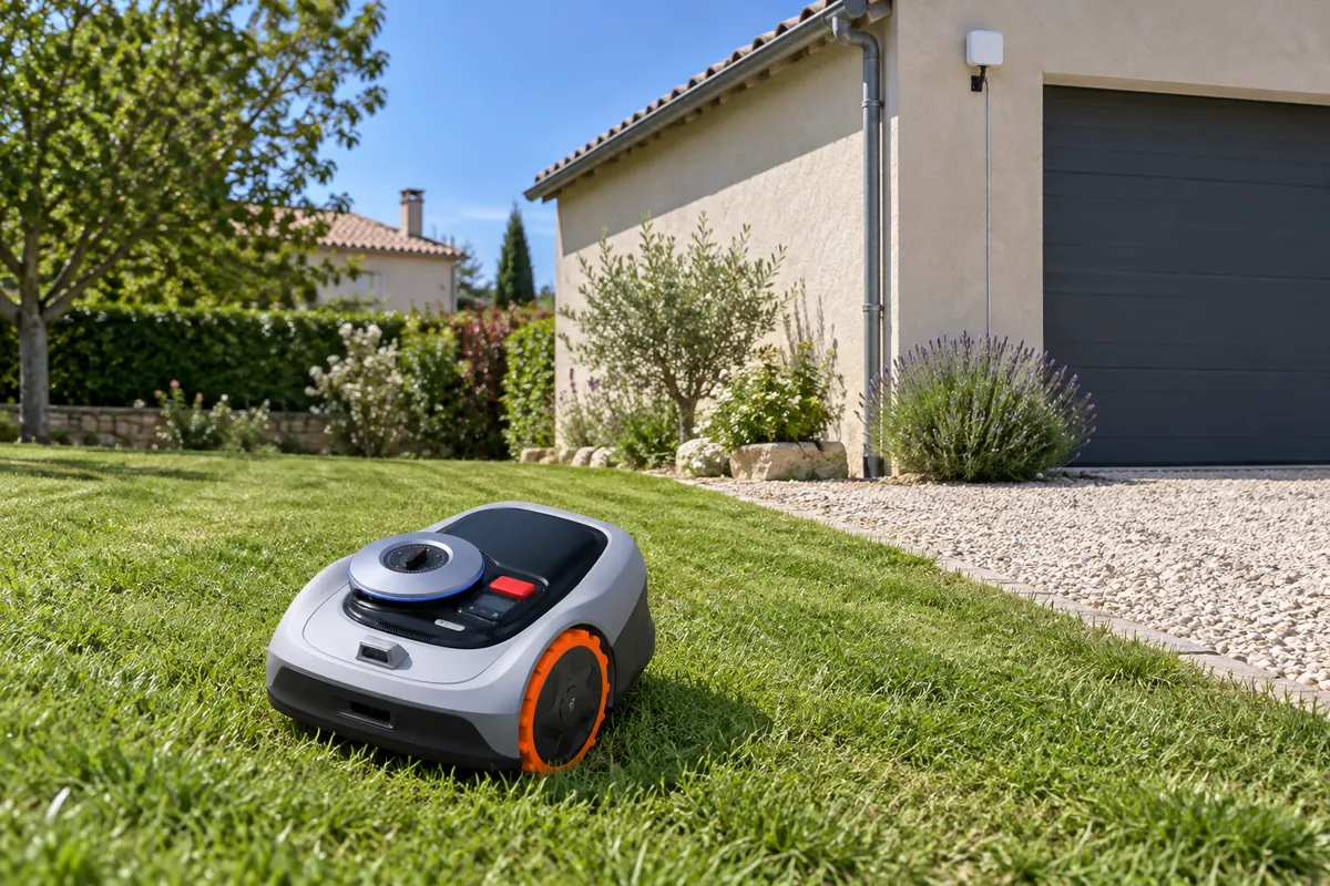 Robot tondeuse gris clair sur une petite pelouse dégagée, antenne RTK fixée au mur du garage (illustration)