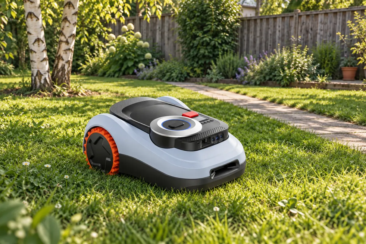 Robot tondeuse compact dans un petit jardin de lotissement avec deux bouleaux et une clôture en bois (illustration)