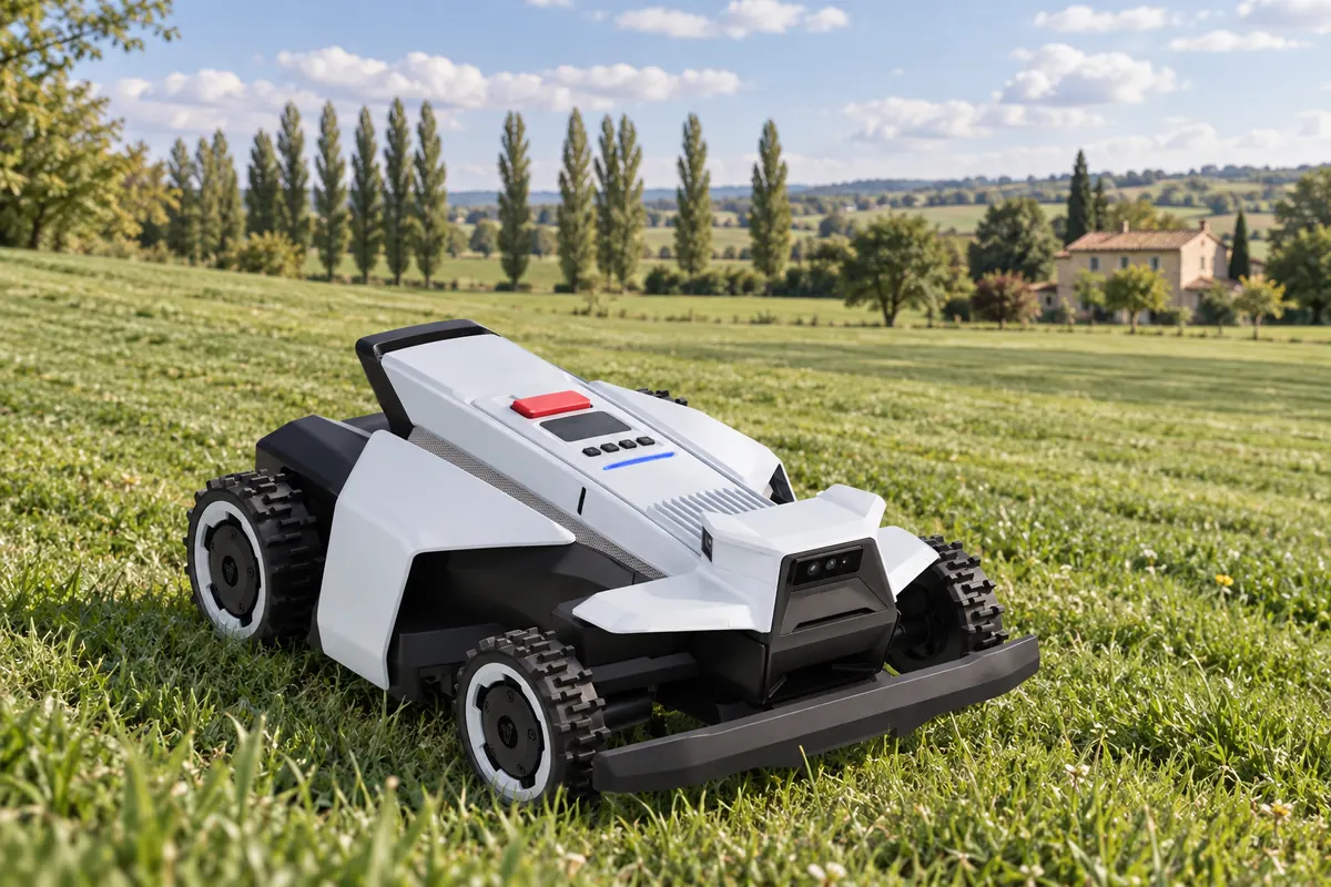 Grand robot tondeuse traversant une très grande pelouse de campagne bordée de peupliers (illustration)
