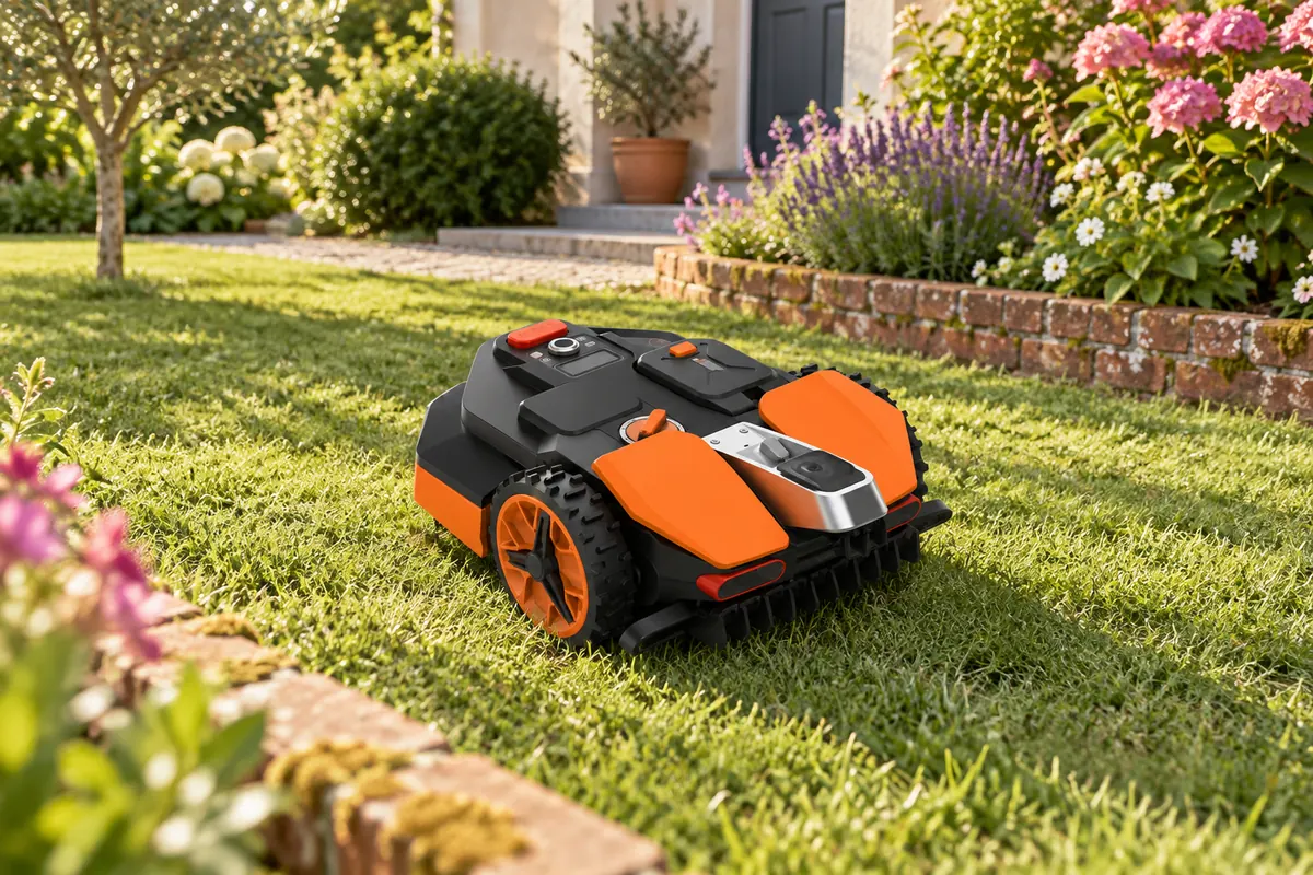 Robot tondeuse orange sur une petite pelouse bordée de massifs fleuris, sans fil autour (illustration)