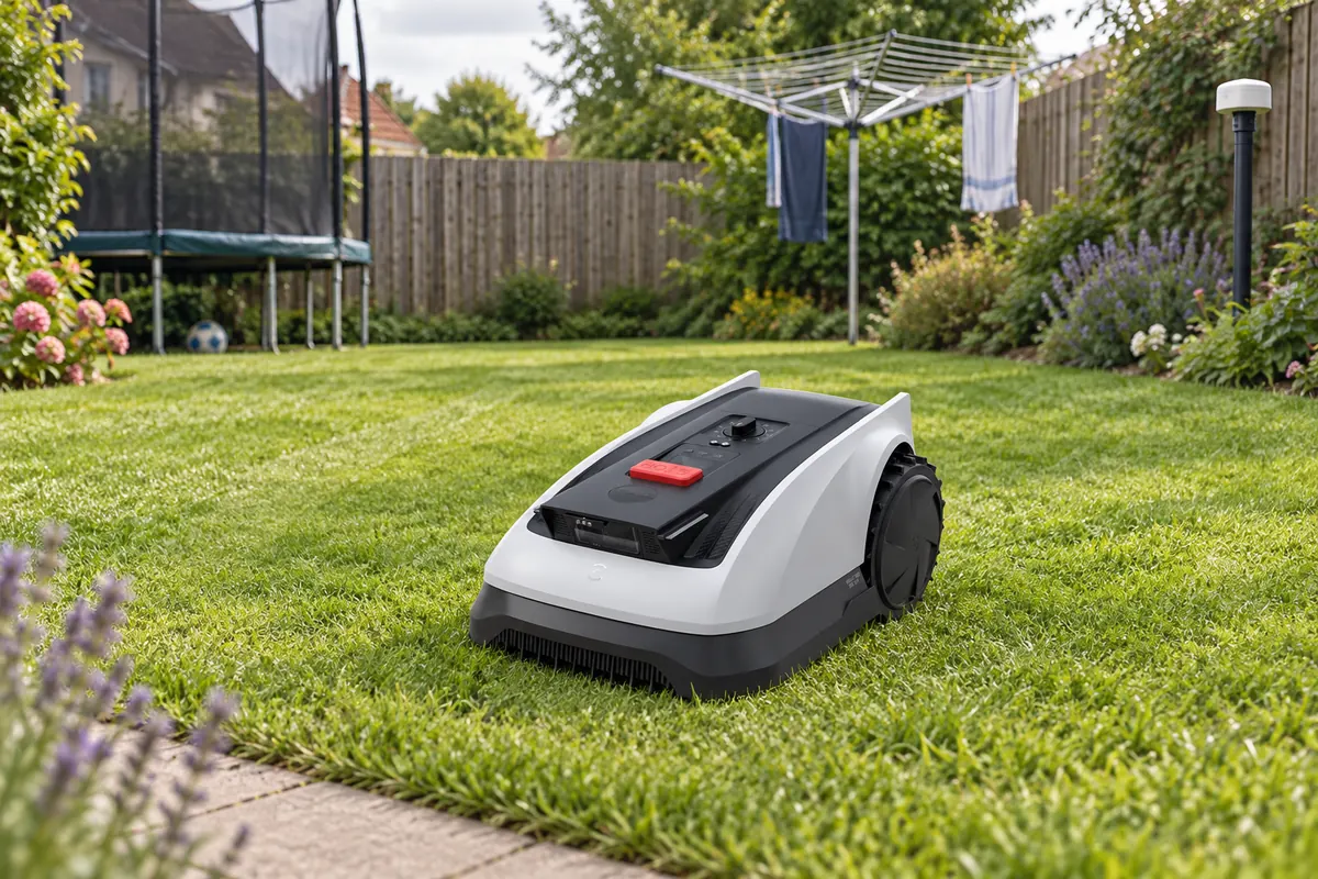 Robot tondeuse blanc dans un jardin de lotissement simple, avec une petite antenne RTK dans un coin (illustration)