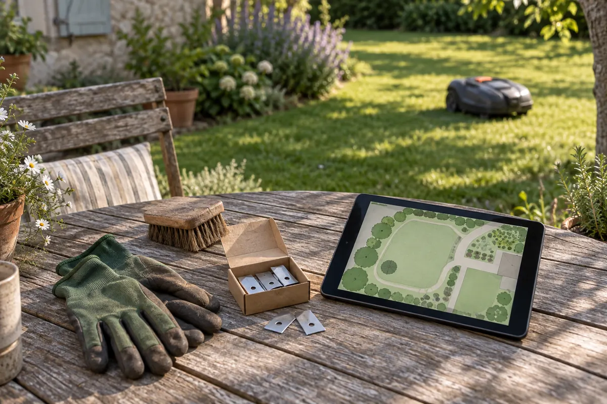 Table de jardin avec gants, brosse, lames de rechange et tablette affichant la carte du jardin (illustration)