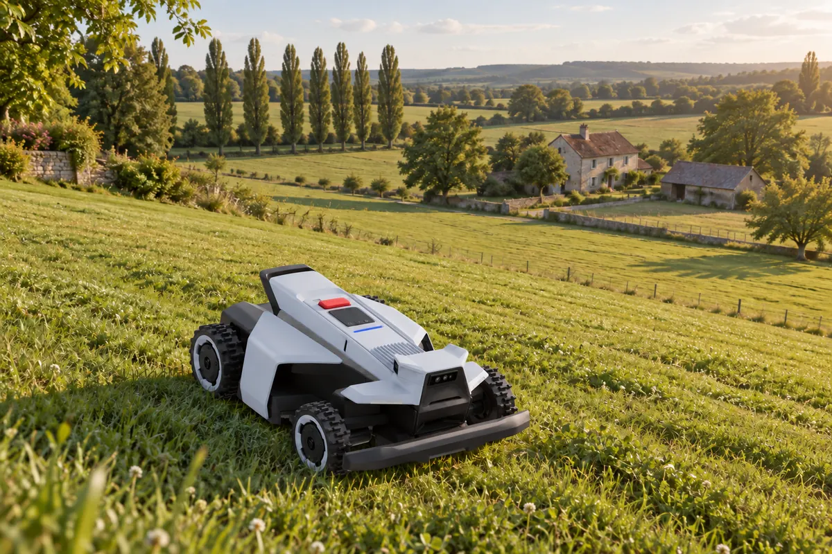 Robot tondeuse à quatre roues sur une très grande pelouse vallonnée devant une ferme en pierre (illustration)