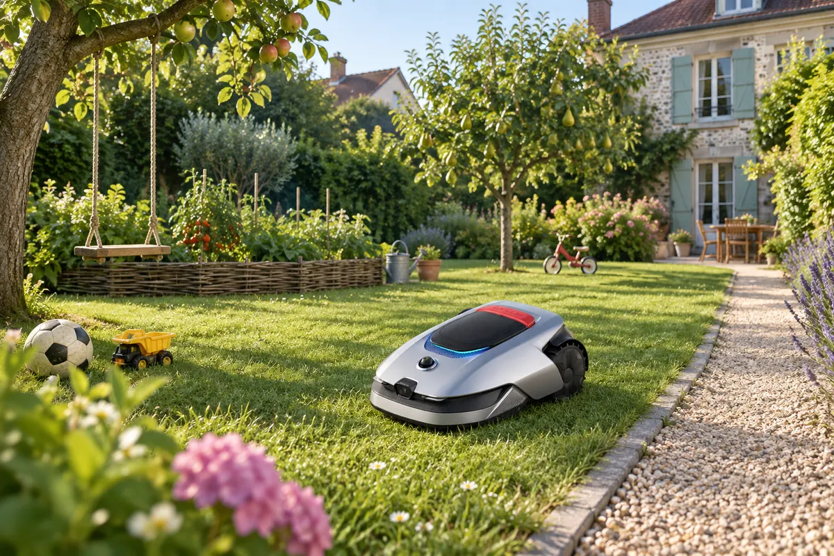 Robot tondeuse gris argent près d’une allée de gravier dans un jardin familial avec balançoire et potager (illustration)