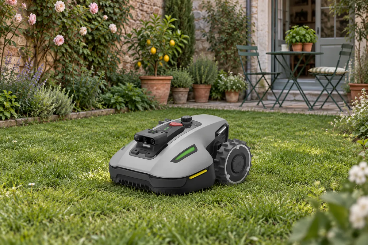 Petit robot tondeuse gris sur la pelouse d’un jardin de ville clos de murs, avec une table de bistrot (illustration)
