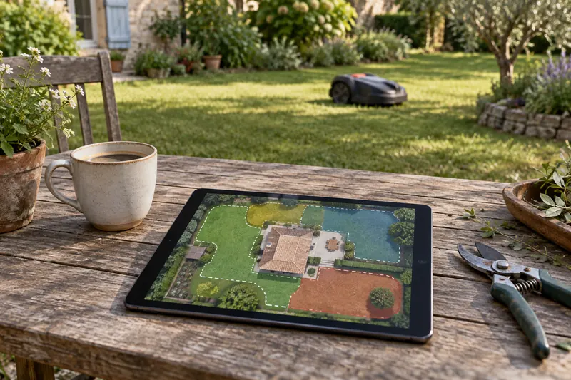 Tablette posée sur une table de jardin affichant une carte de pelouse découpée en zones colorées (illustration)